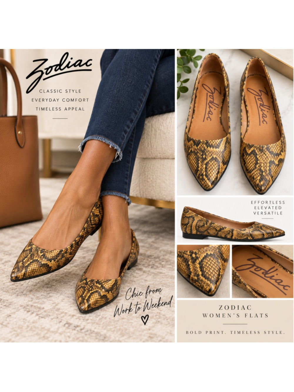 Zodiac Women’s Size 9 Snakeskin Print Pointed Toe Ballet Flats Brown